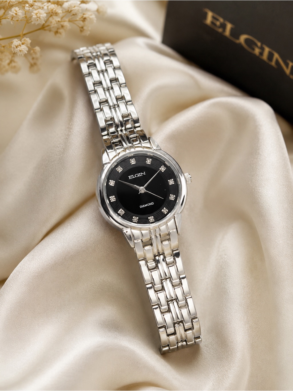 Elgin Womens Silver Bracelet Watch With Black Dial And Diamond Markers
